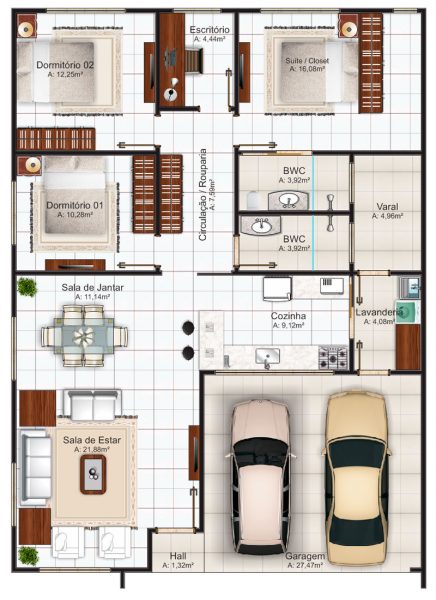 Plantas de casas com 3 quartos e closet