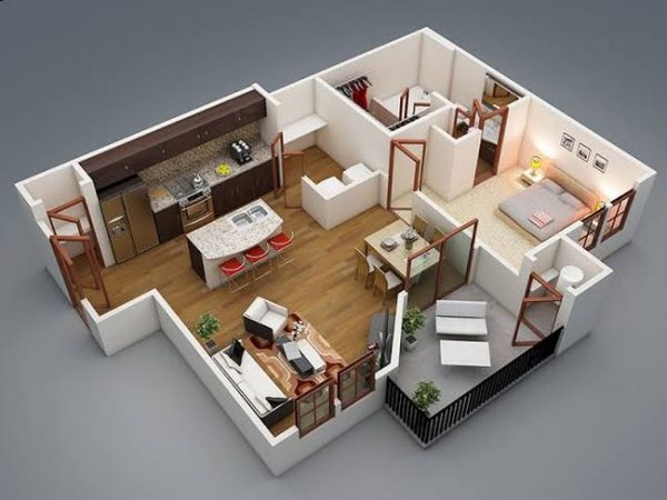 planta 1 quarto e cozinha americana