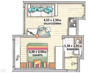 planta 1 quarto e cozinha americana