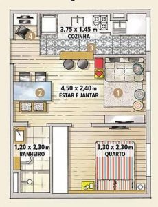 planta 1 quarto e cozinha americana