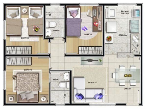 planta 3 quartos e 2 banheiros